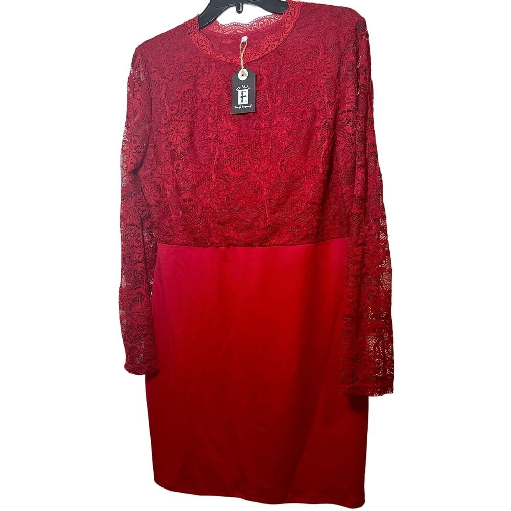 Women's Red Dress with Floral Long Sleeve Lace Top and Solid Skirt 2XL
